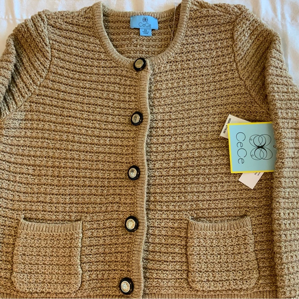 S119 New CeCe Cardigan Women’s Size PS Beige 68% Cotton Metallic Polyester - Picture 6 of 11
